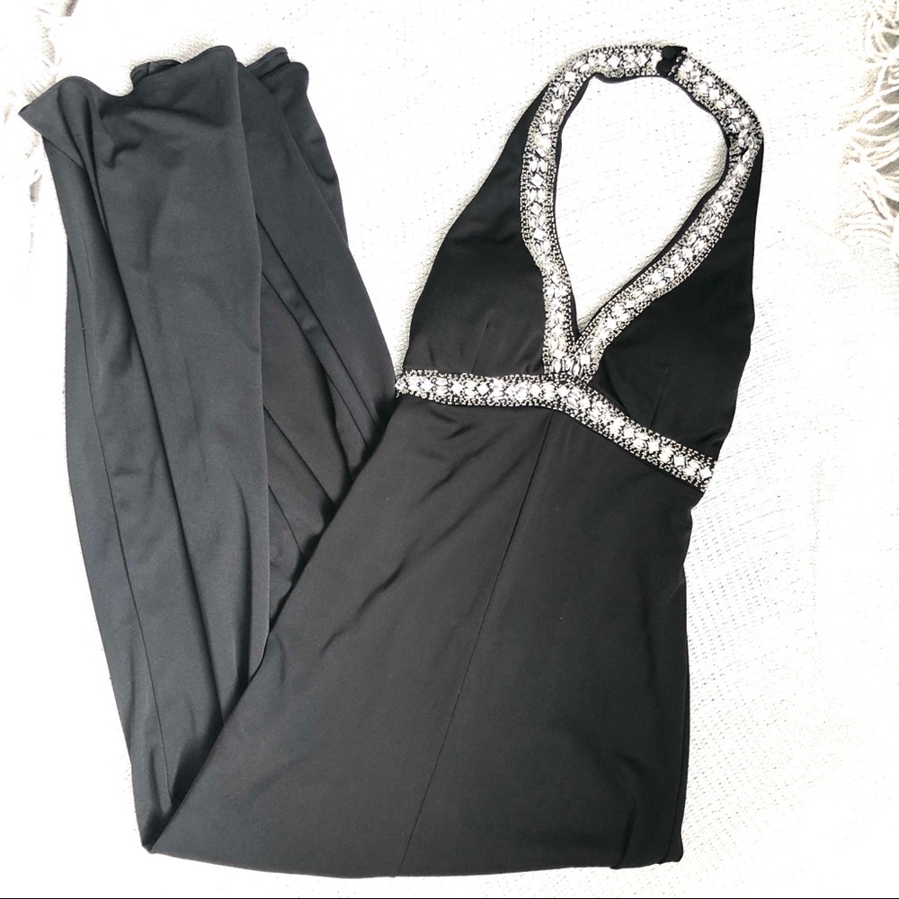 Delaru Floorlength Black Rhinestone Gown. 3/4